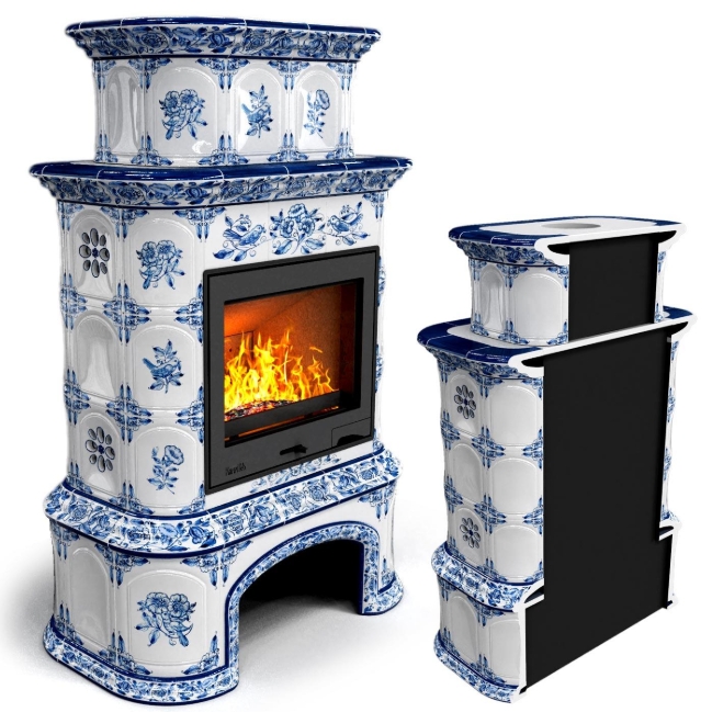 Изразцовая керамическая печь Прованс пристенный двухъярусный Дельфт