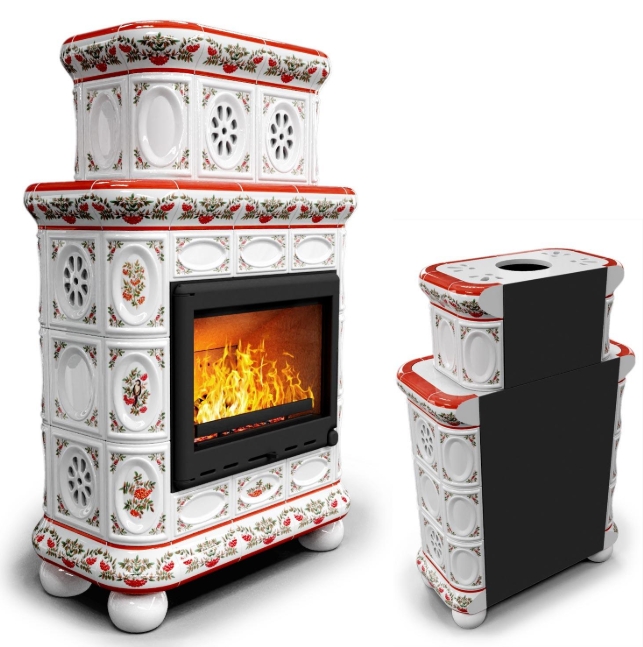Изразцовый керамический камин Медальон пристенный двухъярусный Рябина