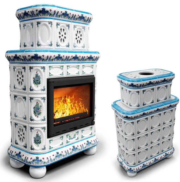 Изразцовый керамический камин Медальон центральный двухъярусный Незабудки